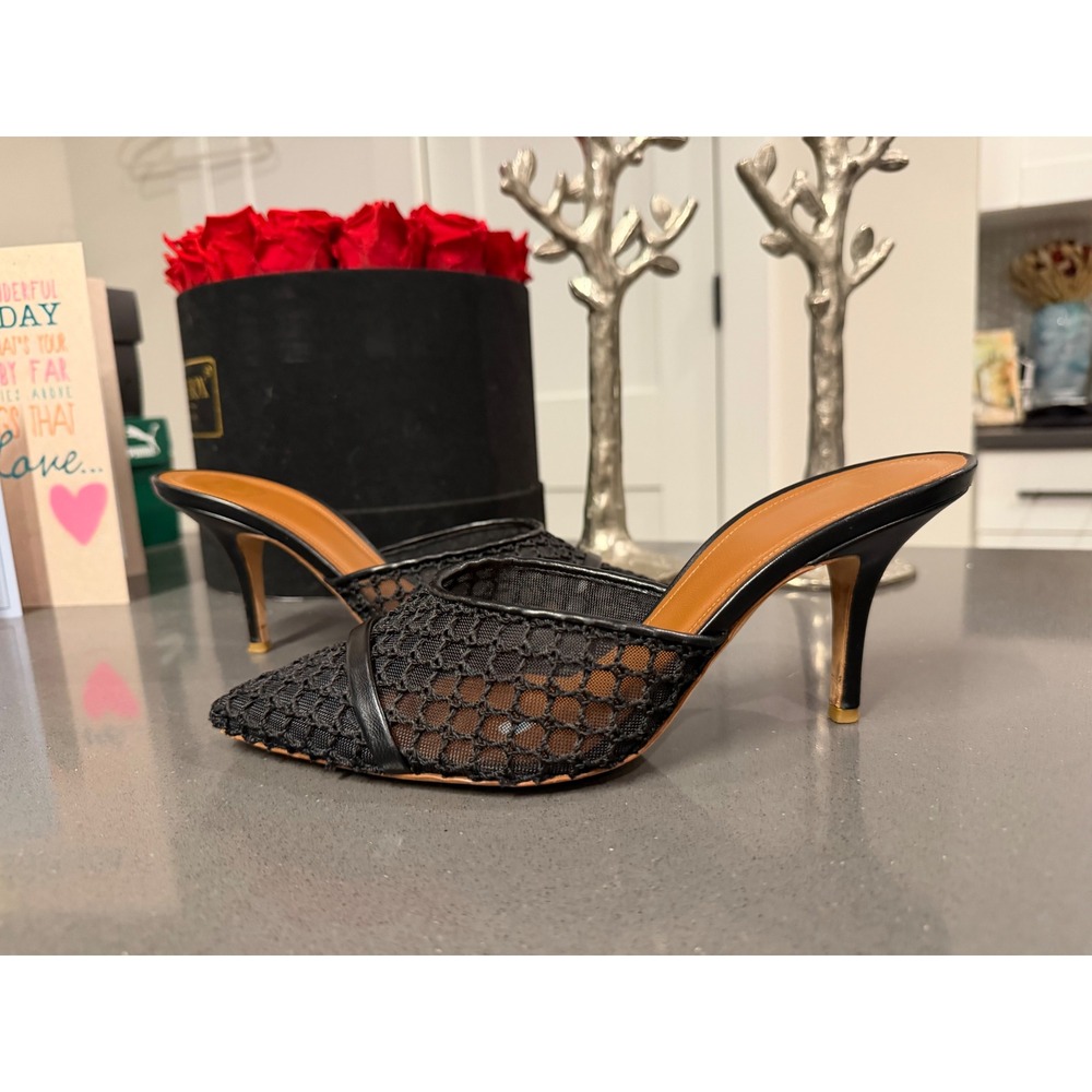Malone Souliers Mesh Leather Mule Stiletto 38.5 Black EUC Rare Pointed Toe Heels